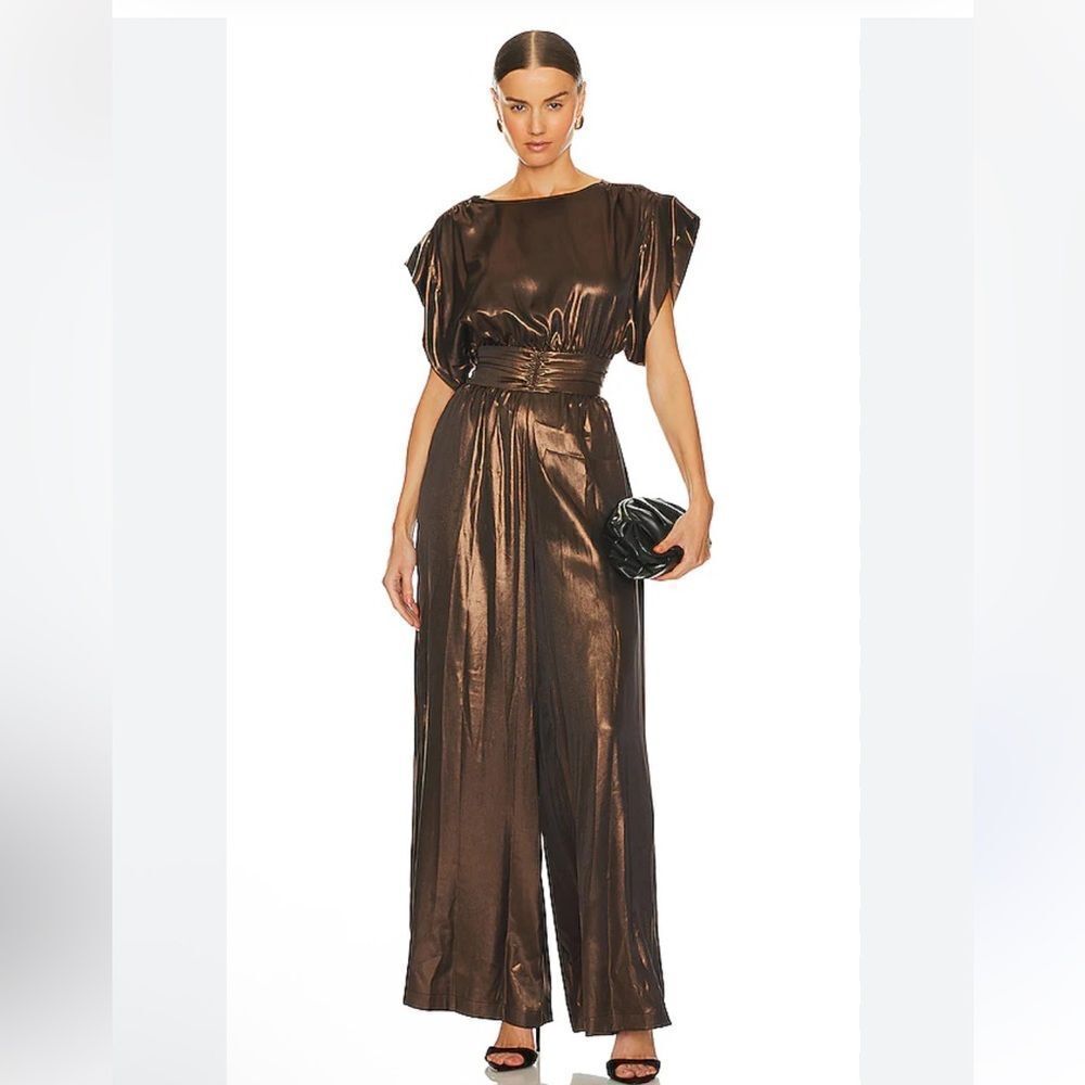 MISA Los Angeles Juliet jumpsuit bronze gold metallic wide leg Revolve NWT XS